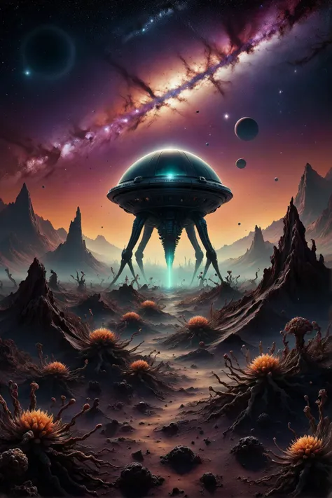 ais-darkpartz ghosts, An eerie scene on a distant, alien planet with bizarre flora and landscapes. At the crest of a rolling, otherworldly hill, a small, futuristic landing capsule has just touched down, its design sleek and advanced, yet clearly damaged from its journey. Surrounding this hill are ghostly figures of alien origin, ethereal and translucent, with peculiar shapes and glowing eyes, silently observing the capsule. These alien spirits emit a faint, luminous glow, casting an otherworldly light on the strange, alien vegetation that thrives in this environment. The sky above is a tapestry of unfamiliar constellations and nebulae, adding to the sense of alien wonder. The entire scene is depicted in an ultra-fine digital painting style, blending a sense of desolation and eerie beauty, reminiscent of a Victorian-style observatory, but transformed into a haunting, celestial spectacle on this remote planet <lora:EnvyFeverDreamXL01a:0.6> <lora:Dark_Particles_Style_SDXL:0.6>, <lora:EnvyBetterHiresFixXL01:1>, masterpiece, best quality, ultra high res, (photorealistic, realistic:1.2), deep shadow, raw photo, film grain, Fujifilm XT3, 8k uhd, dslr