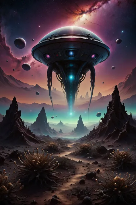 ais-darkpartz ghosts, An eerie scene on a distant, alien planet with bizarre flora and landscapes. At the crest of a rolling, otherworldly hill, a small, futuristic landing capsule has just touched down, its design sleek and advanced, yet clearly damaged from its journey. Surrounding this hill are ghostly figures of alien origin, ethereal and translucent, with peculiar shapes and glowing eyes, silently observing the capsule. These alien spirits emit a faint, luminous glow, casting an otherworldly light on the strange, alien vegetation that thrives in this environment. The sky above is a tapestry of unfamiliar constellations and nebulae, adding to the sense of alien wonder. The entire scene is depicted in an ultra-fine digital painting style, blending a sense of desolation and eerie beauty, reminiscent of a Victorian-style observatory, but transformed into a haunting, celestial spectacle on this remote planet <lora:EnvyFeverDreamXL01a:0.6> <lora:Dark_Particles_Style_SDXL:0.6>, <lora:EnvyBetterHiresFixXL01:1>, masterpiece, best quality, ultra high res, (photorealistic, realistic:1.2), deep shadow, raw photo, film grain, Fujifilm XT3, 8k uhd, dslr