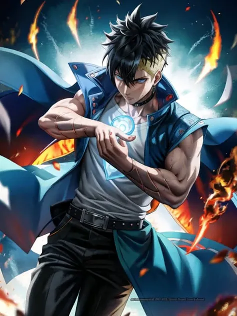 <lora:kawakiuzumaki:0.8>, 1boy, Kawaki_Uzumaki a man with a navy blue and white jacket, kawakiblue_jacket, sleeveless, green shirt, triangle_marking on left cheek, piercing on right eyebrow, grey eyes, black_kawaki_hair and yellow_side_hair, east asian architecture background, (shiny skin), beautiful detailed symmetrycal face, detailed hair, detailed fingers and hands, detailed body, detailed and intricate, hypermaximalist, hyper realistic, super detailed, looking at the viewer, dynamic pose, body focus, cowboy shot (((masterpiece))), (((best quality))), illustration, artstation, rim light, Alembert Oclusion, SSAO, Bokeh, Cinematic, Golden Hour, Depth of Field, DOF, Vignette, Anti-Aliasing <lora:sakimichanStyle_v15:0.8>, art by sakimichan, (sakimi-style:0.8), (nixeu_soft:0.2)