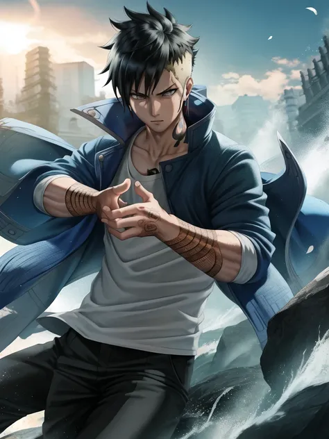 <lora:kawakiuzumaki:0.8>, 1boy, (Kawaki_Uzumaki, a man with a navy blue and white jacket, kawakiblue_jacket, green shirt, karma_tattoo_marking on left cheek, piercing on right eyebrow, grey eyes, black_kawaki_hair and yellow_side_hair, karma_tattoo marking on his arm:1), east asian architecture background, (shiny skin), beautiful detailed symmetrycal face, detailed hair, detailed fingers and hands, detailed body, detailed and intricate, hypermaximalist, hyper realistic, super detailed, looking at the viewer, dynamic pose, body focus, cowboy shot (((masterpiece))), (((best quality))), illustration, artstation, rim light, Alembert Oclusion, SSAO, Bokeh, Cinematic, Golden Hour, Depth of Field, DOF, Vignette, Anti-Aliasing <lora:sakimichanStyle_v15:0.8>, art by sakimichan, (sakimi-style:0.6), (nixeu_soft:0.2)