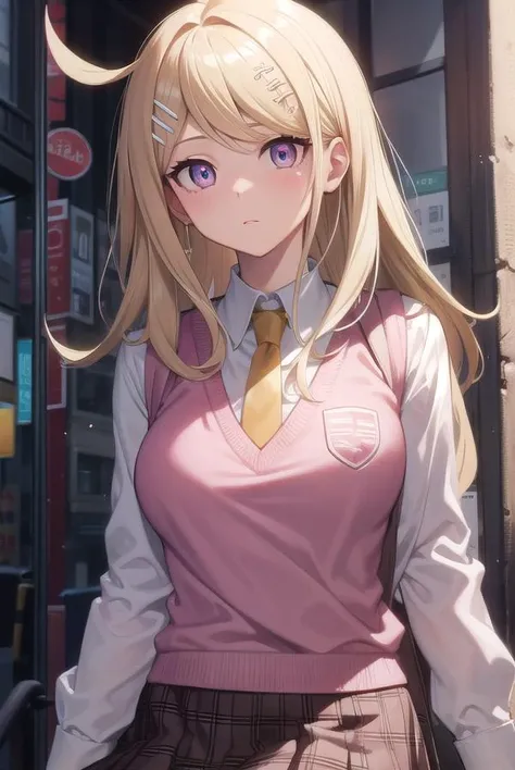 kaedeakamatsu, <lora:kaedeakamatsutest:1>, kaede akamatsu, ahoge, blonde hair, hair ornament, long hair, musical note, musical note hair ornament, (pink eyes:1.2),
BREAK hair ornament, necktie, pleated skirt, school uniform, skirt, sweater vest,,
BREAK outdoors, city,
BREAK looking at viewer,
BREAK <lora:GoodHands-vanilla:1>, (masterpiece:1.2), best quality, high resolution, unity 8k wallpaper, (illustration:0.8), (beautiful detailed eyes:1.6), extremely detailed face, perfect lighting, extremely detailed CG, (perfect hands, perfect anatomy),