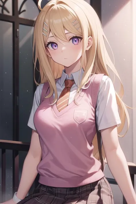kaedeakamatsu, <lora:kaedeakamatsutest:1>, kaede akamatsu, ahoge, blonde hair, hair ornament, long hair, musical note, musical note hair ornament, (pink eyes:1.2),
BREAK hair ornament, necktie, pleated skirt, school uniform, skirt, sweater vest,,
BREAK outdoors, city,
BREAK looking at viewer, 
BREAK <lora:GoodHands-vanilla:1>, (masterpiece:1.2), best quality, high resolution, unity 8k wallpaper, (illustration:0.8), (beautiful detailed eyes:1.6), extremely detailed face, perfect lighting, extremely detailed CG, (perfect hands, perfect anatomy),