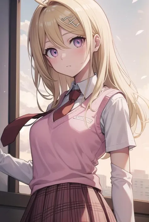 kaedeakamatsu, <lora:kaedeakamatsutest:1>, kaede akamatsu, ahoge, blonde hair, hair ornament, long hair, musical note, musical note hair ornament, (pink eyes:1.2),
BREAK hair ornament, necktie, pleated skirt, school uniform, skirt, sweater vest,,
BREAK outdoors, city,
BREAK looking at viewer, 
BREAK <lora:GoodHands-vanilla:1>, (masterpiece:1.2), best quality, high resolution, unity 8k wallpaper, (illustration:0.8), (beautiful detailed eyes:1.6), extremely detailed face, perfect lighting, extremely detailed CG, (perfect hands, perfect anatomy),