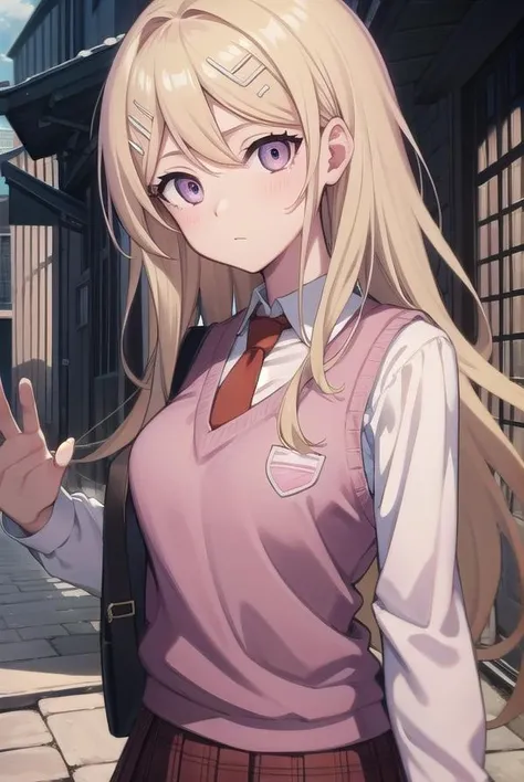 kaedeakamatsu, <lora:kaedeakamatsutest:1>, kaede akamatsu, ahoge, blonde hair, hair ornament, long hair, musical note, musical note hair ornament, (pink eyes:1.2),
BREAK hair ornament, necktie, pleated skirt, school uniform, skirt, sweater vest,,
BREAK outdoors, city,
BREAK looking at viewer,
BREAK <lora:GoodHands-vanilla:1>, (masterpiece:1.2), best quality, high resolution, unity 8k wallpaper, (illustration:0.8), (beautiful detailed eyes:1.6), extremely detailed face, perfect lighting, extremely detailed CG, (perfect hands, perfect anatomy),