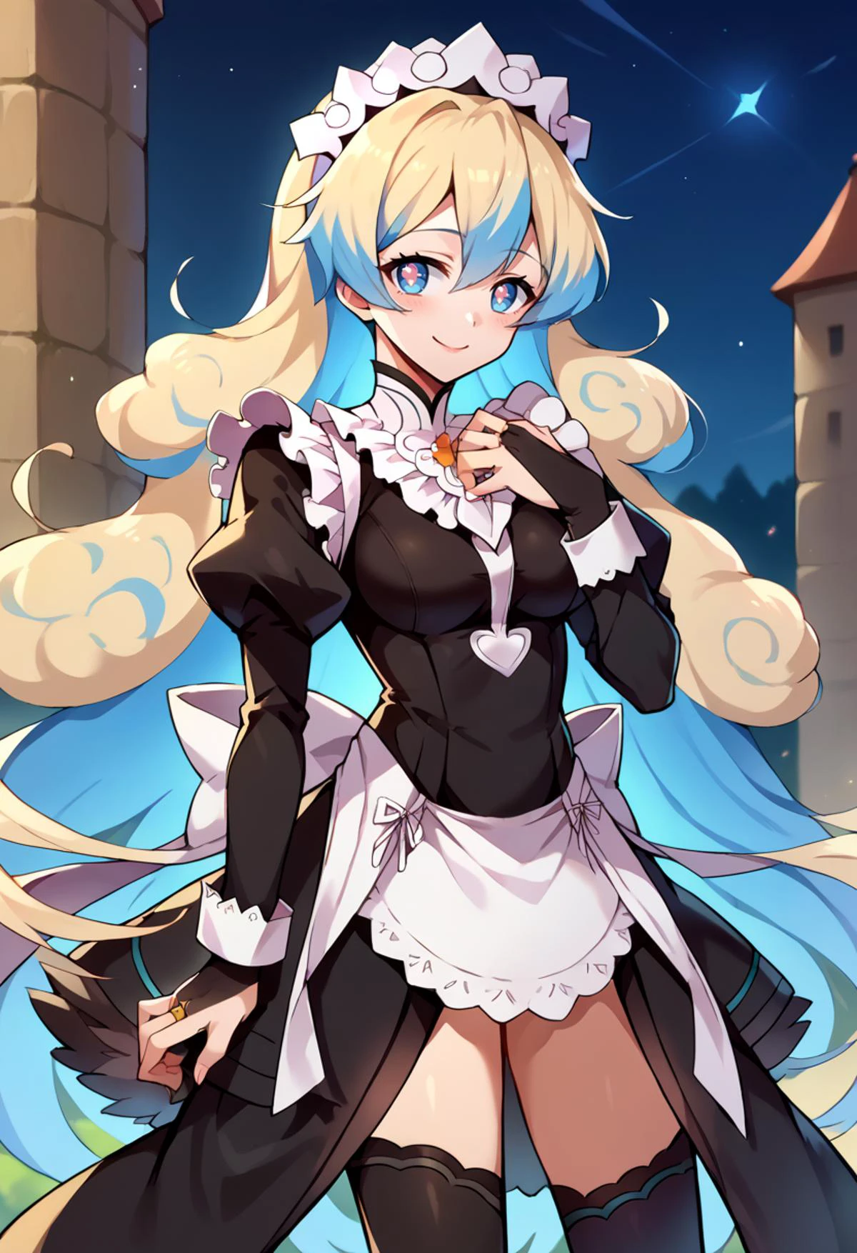 score_9, score_7_up, source_anime, BREAK smile, <lora:NiaS2-000009:1> nias2, 1girl, blue eyes,symbol-shaped pupils, very long hair, blonde hair, blue hair, two-tone hair, medium breasts,
<lora:fatesmaid-fe-richy-v1_pdxl:0.8> fates maid, maid headdress, maid apron, bridal gauntlets, black thighhighs,