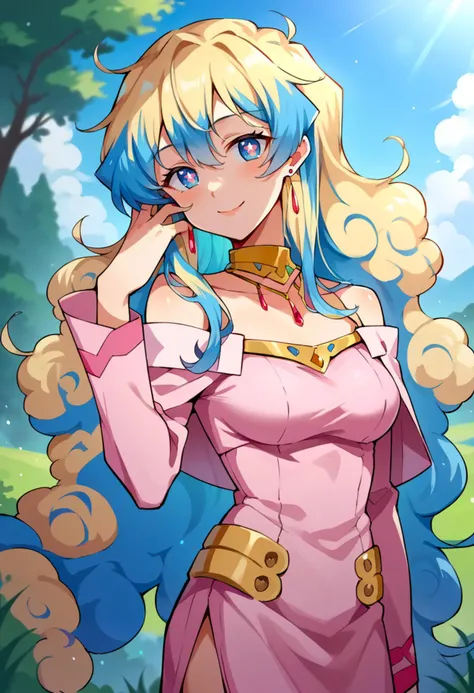 score_9, score_7_up, source_anime, BREAK smile, head tilt, hand in own hair,  <lora:NiaS2-000009:1> nias2, 1girl, blue eyes,symbol-shaped pupils, very long hair, blonde hair, blue hair, two-tone hair, medium breasts, 
earrings, jewelry, pink dress, bare shoulders, long sleeves,