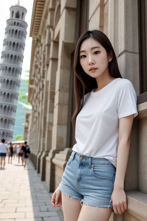 <lora:azndoll1.0_obj20:0.5>, full_body, standing, t-shirt, shorts, barefoot , (leaning tower of pisa), (azndoll: 1.2), perfect face, (contact iris: 1.1), pale skin, skin pores , depth of field