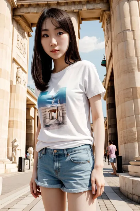 <lora:azndoll1.0_obj20:0.5>, full_body, standing, t-shirt, shorts, barefoot , (brandenburg gate), (azndoll: 1.2), perfect face, (contact iris: 1.1), pale skin, skin pores , depth of field