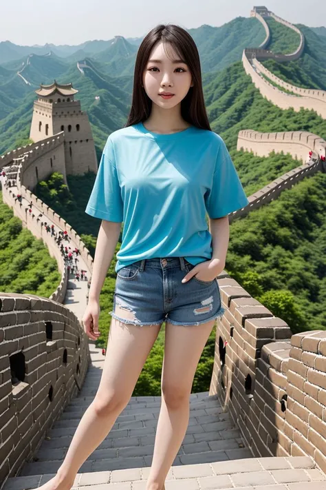 <lora:azndoll1.0_obj20:0.5>, full_body, standing, t-shirt, shorts, barefoot , (great wall of china), (azndoll: 1.2), perfect face, (contact iris: 1.1), pale skin, skin pores , depth of field