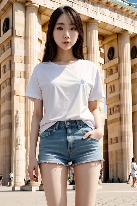 <lora:azndoll1.0_obj20:0.5>, full_body, standing, t-shirt, shorts, barefoot , (brandenburg gate), (azndoll: 1.2), perfect face, (contact iris: 1.1), pale skin, skin pores , depth of field