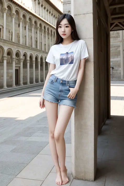 <lora:azndoll1.0_obj20:0.5>, full_body, standing, t-shirt, shorts, barefoot , (leaning tower of pisa), (azndoll: 1.2), perfect face, (contact iris: 1.1), pale skin, skin pores , depth of field