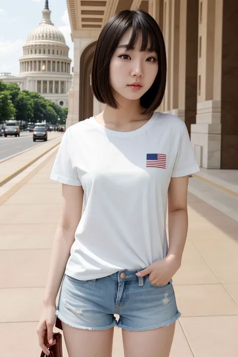 <lora:azndoll1.0_obj20:0.5>, full_body, standing, t-shirt, shorts, sandals, (us capitol), (azndoll: 1.2), perfect face, (contact iris: 1.1), pale skin, skin pores , depth of field