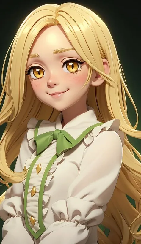 1girl, <lora:Elaine:1> Long blonde hair, golden eyes with noticeable eyelashes, small smile, white blouse with ruffled collar and green detailing, light skin tone