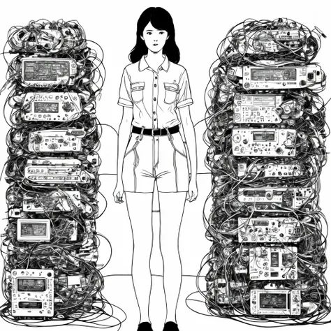 photo, black and white drawing of a woman standing in front of a bunch of electronics (LineArtGirl style:1) <lora:djzLineArtGirlv21:1>