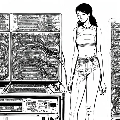 photo, a black and white drawing of a woman standing in front of a computer (LineArtGirl style:1) <lora:djzLineArtGirlv21:1>