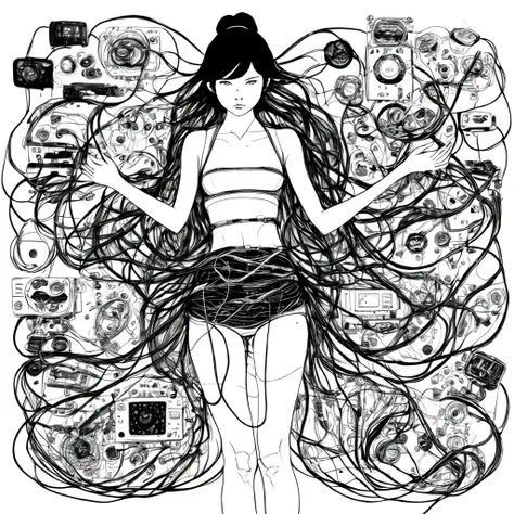 photo, black and white drawing of a woman surrounded by electronics (LineArtGirl style:1) <lora:djzLineArtGirlv21:1>