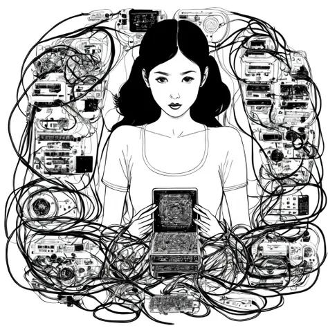 photo, black and white drawing of a woman surrounded by electronics (LineArtGirl style:1) <lora:djzLineArtGirlv21:1>