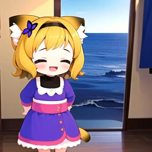 (8k) (high res) (best quality) (masterpiece) 1girl, millymusiic , blonde hair, animal ears, cat ears, tail, dress, :d, chibi, room, v , hairband, butterfly hair ornament,