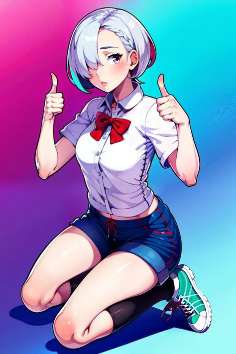 <lora:ironcatlora3Anime_v10:1> (masterpiece:1.2), (best quality:1.2), realistic,, 1girl, medium breasts, stole, short shorts ,
cross-laced sandals, loose socks, evening, yokozuwari, grey hair , white eyes, two-tone hair, hair over one eye, very short hair, low twintails, rainbow, thumbs up, gradient background, sneakers