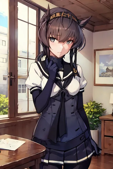 (masterpiece, best quality:1.4), (ultra-detailed:1.2), {illustration,picturesque}, {studio light, picturesque}, [best shadow],
(KonishiCSA)_(ShizumaCSA)_(HoshiakariCSA), (AlphaCDE)_(GammaCDE),
BREAK
(perfect anatomy), (symmetric eyes, ultra-detailed eyes, beautiful eyes), (sharp eyeliner, ultra-detailed face, beautiful face), (grey eyes),
BREAK
nice hands, perfect hands, hand by Guido Daniele,
BREAK
1girl, solo,
BREAK
HatsuzukiKC, (Hatsuzuki) uniform, (black) bodysuit, (black) hachimaki, (black) sailor collar, (black) neckerchief, (black) gloves, (black) pleated skirt, (grey) knee boots, (short sleeves) serafuku, (grey) corset, miniskirt, (black) pantyhose, elbow gloves, (black) headband, (black) hairband, (clothes writing) hachimaki, anchor symbol,
BREAK
looking at viewer, cowboy shot, facing to viewer, emotionless, (indoor, office, living room),
BREAK
<lyco:hands:1.0>, <lora:CSA-v0.2:0.55>, <lora:CSA-MLU:0.35>, <lora:CDE:0.6>,  <lora:Hatsuzuki-10:1>