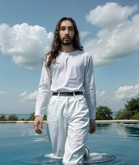 bigm0ist, jesus, full body, white long sleeves, white long pants, walking on water, pool, cloud background, light, sun <lora:bigm0ist_3:0.97>
