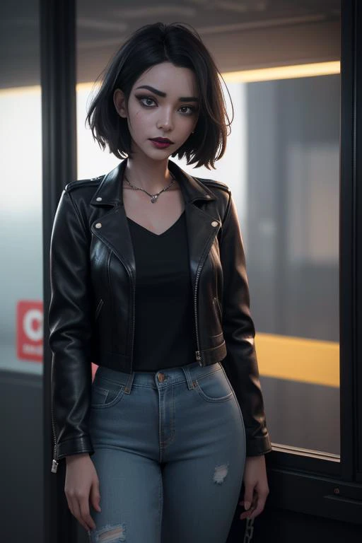 masterpiece, best quality, 8k, beautiful 22 yo female, goth, black lipstick, phone booth, black leather jacket, shirt, jeans, chain, RAW candid cinema, 16mm, color graded portra 400 film, remarkable color, ultra realistic, textured skin, remarkable detailed pupils, realistic dull skin noise, visible skin detail, skin fuzz, dry skin, shot with cinematic camera, glow effects, godrays, Hand drawn, render, 8k, octane render, cinema 4d, blender, dark, atmospheric 4k ultra detailed, cinematic, Sharp focus, big depth of field, Masterpiece, colors, 3d octane render, 4k, concept art, trending on artstation, hyperrealistic, Vivid colors, extremely detailed CG unity 8k wallpaper, trending on CGSociety, Intricate, High Detail, dramatic