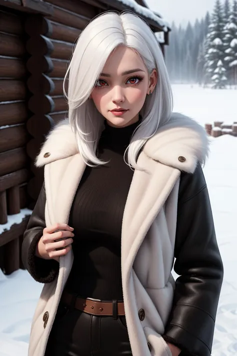 masterpiece, best quality, 8k, portrait of a tall, white haired sexy woman, fur coat ,red eyes, log cabin, winter, snow