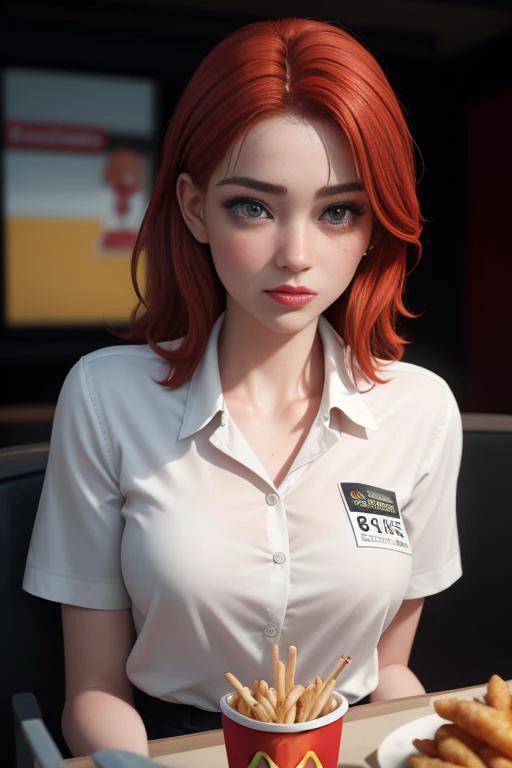 masterpiece, best quality, 8k, 20 yo Irish female, red hair, mcdonalds worker, RAW candid cinema, 16mm, color graded portra 400 film, remarkable color, ultra realistic, textured skin, remarkable detailed pupils, realistic dull skin noise, visible skin detail, skin fuzz, dry skin, shot with cinematic camera