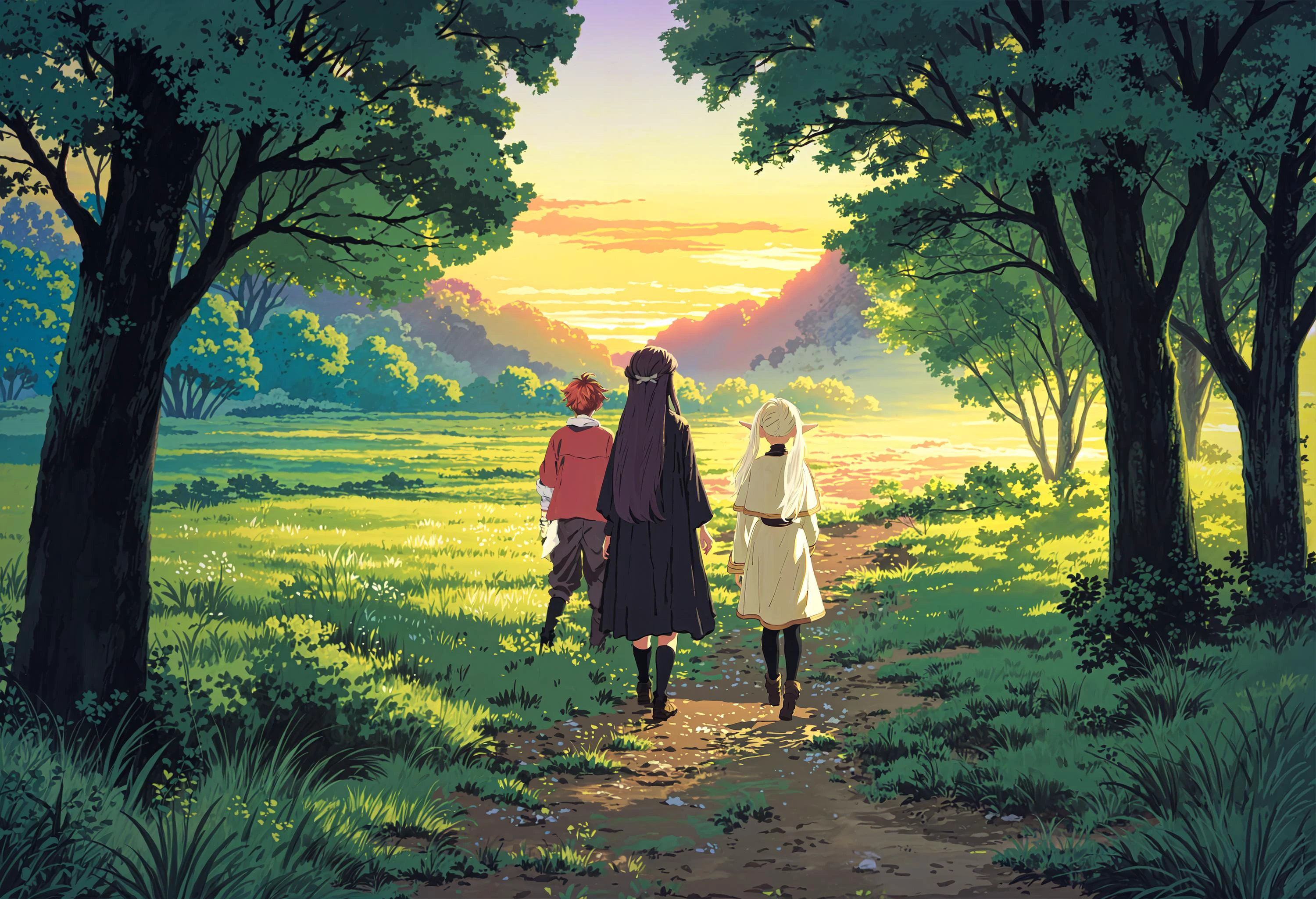 masterpiece, 2girls far in the distance, different hair color, walking, travelling on dirt path, landscape painting, vibrant colors, high quality, great lighting, beautiful sunset, magical scenery, <lora:P_GHIBLI_V3:0.7>, facing away, looking away, walking away, dense forest, <lora:colorful_V1_lbw:0.3>, detailed hair,