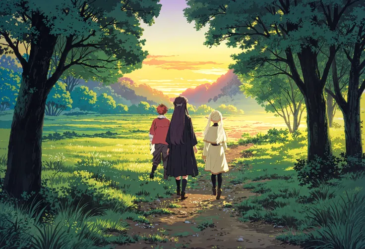 masterpiece, 2girls far in the distance, different hair color, walking, travelling on dirt path, landscape painting, vibrant colors, high quality, great lighting, beautiful sunset, magical scenery, <lora:P_GHIBLI_V3:0.7>, facing away, looking away, walking away, dense forest, <lora:colorful_V1_lbw:0.3>, detailed hair, 