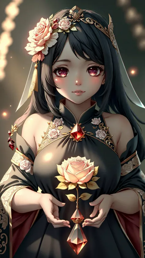 professional photo of Crytal_Skull, studio lighting, (Garnet) Carnelian, light bokeh, sharp focus, intricate detail, gold trim, dof, high definition, detailed, intricate, a beautiful 3d spectral crystal flower, soft fairy mist, black chinese rose, transparent petals, <lora:FairyTaleV1a_SD1.5:1>