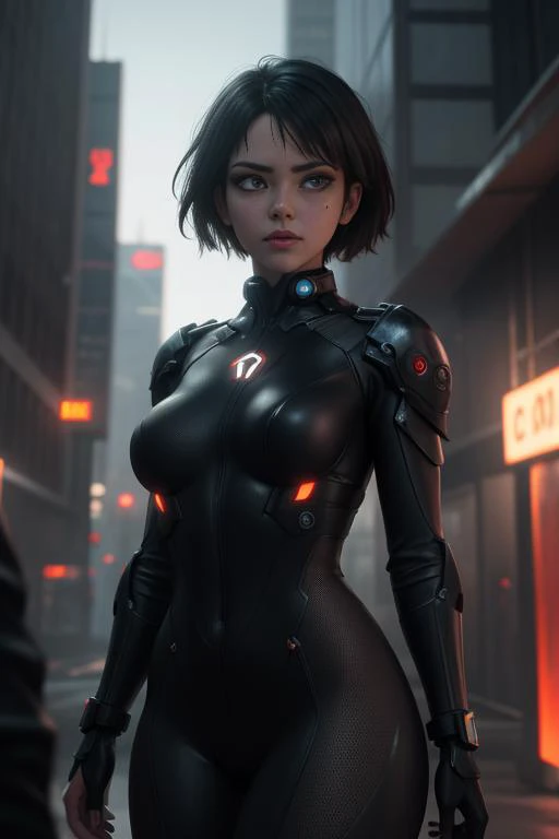 masterpiece, best quality, 8k, beautiful woman, short hair, cyberpunk, bodysuit, sprawling skyscrapers, tv screens,, RAW candid cinema, 16mm, color graded portra 400 film, remarkable color, ultra realistic, textured skin, remarkable detailed pupils, realistic dull skin noise, visible skin detail, skin fuzz, dry skin, shot with cinematic camera, glow effects, godrays, Hand drawn, render, 8k, octane render, cinema 4d, blender, dark, atmospheric 4k ultra detailed, cinematic, Sharp focus, big depth of field, Masterpiece, colors, 3d octane render, 4k, concept art, trending on artstation, hyperrealistic, Vivid colors, extremely detailed CG unity 8k wallpaper, trending on CGSociety, Intricate, High Detail, dramatic