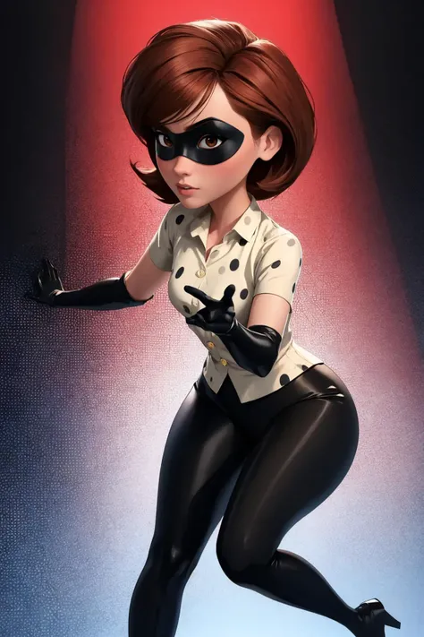 masterpiece, best quality, twirling pose, <lora:helenparr-guy-v3:.95> helenparr, domino mask, mask, bodysuit, elbow gloves, thighhighs, thigh boots, polka dot, collared shirt, dress shirt, buttons, black pants, afraid