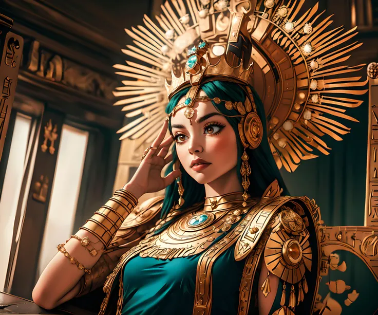 (high quality, masterpiece, Fixhand:1, realistic), (afternoon), (1female, queen, serious), (wearing magical crown, divine deity, Egyptian Goddess), (sitting, throne), (inside Kingdom), (halocro), depth of field, <lora:HaloCrown:1>, <lora:eyes_detailed:0.5>