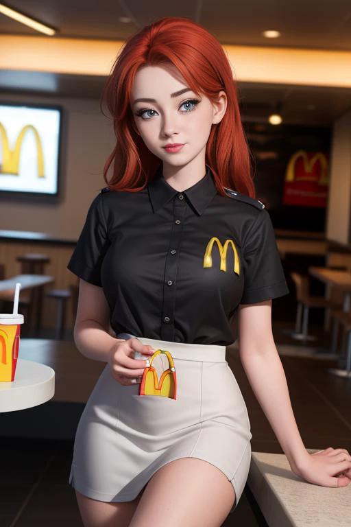 masterpiece, best quality, 8k, 20 yo Irish female, red hair, mcdonalds worker