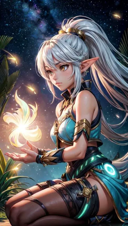 In the middle of the cemetery stands a ghost elf girl with transparent body and skin, Golden horns reflection lights, Look at the viewer, turquoise hair, green eyes,((Perfect anatomy, Perfect hands, Perfect face)) ,Masterpiece,, Druid clothing,golden Horns on the head, green glowing eyes, druid dress in green color and golden aczents