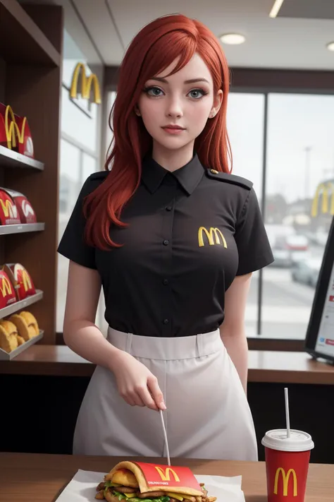 masterpiece, best quality, 8k, 20 yo Irish female, red hair, mcdonalds worker