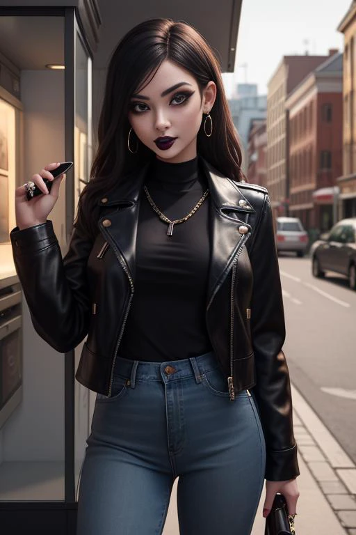 masterpiece, best quality, 8k, beautiful 22 yo female, goth, black lipstick, phone booth, black leather jacket, shirt, jeans, chain