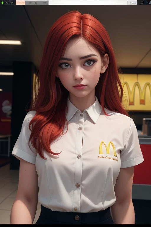 masterpiece, best quality, 8k, 20 yo Irish female, red hair, mcdonalds worker, RAW candid cinema, 16mm, color graded portra 400 film, remarkable color, ultra realistic, textured skin, remarkable detailed pupils, realistic dull skin noise, visible skin detail, skin fuzz, dry skin, shot with cinematic camera