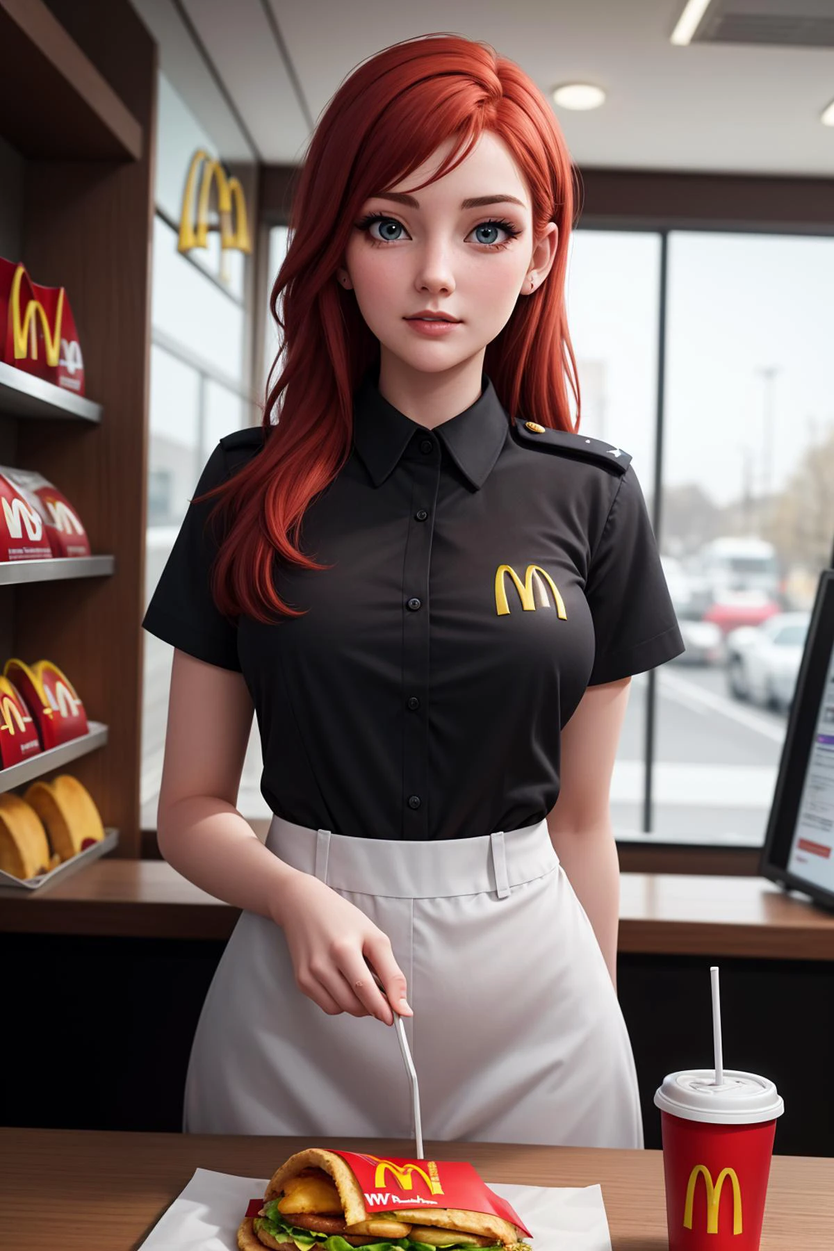 masterpiece, best quality, 8k, 20 yo Irish female, red hair, mcdonalds worker
