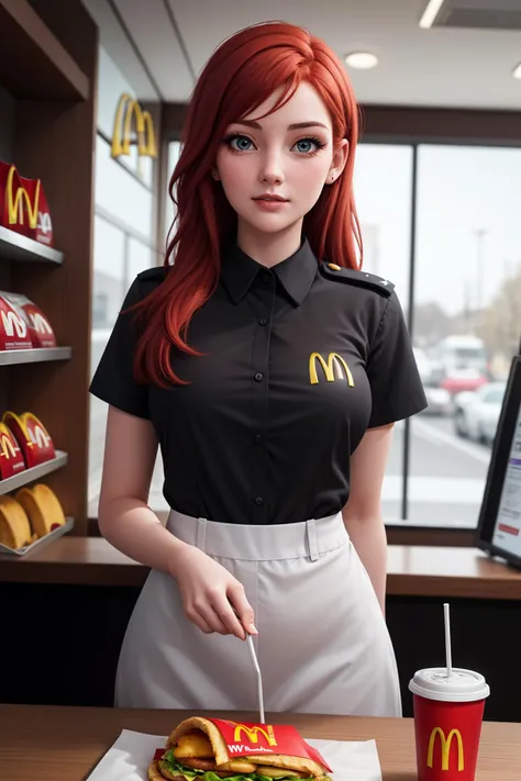 masterpiece, best quality, 8k, 20 yo Irish female, red hair, mcdonalds worker