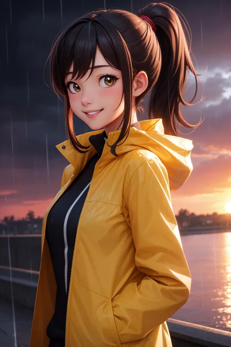 masterpiece, best quality, detailed, 1girl, ponytail, rain jacket, close jacket, sunset, rain, smile