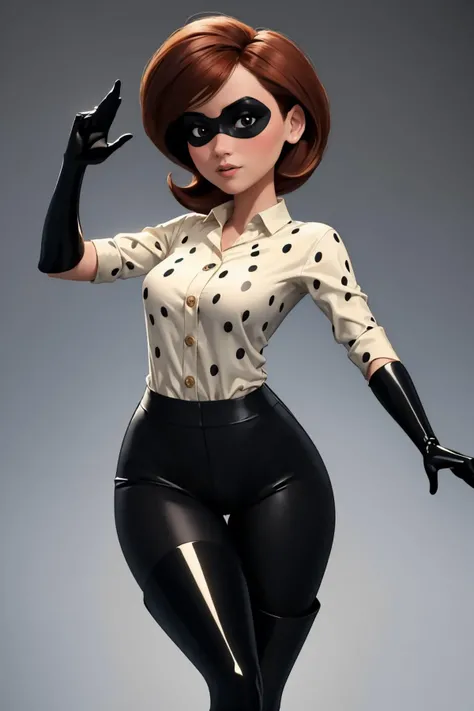 masterpiece, best quality, posing, <lora:helenparr-guy-v3:.95> helenparr, domino mask, mask, bodysuit, elbow gloves, thighhighs, thigh boots, polka dot, collared shirt, dress shirt, buttons, black pants, thoughtful