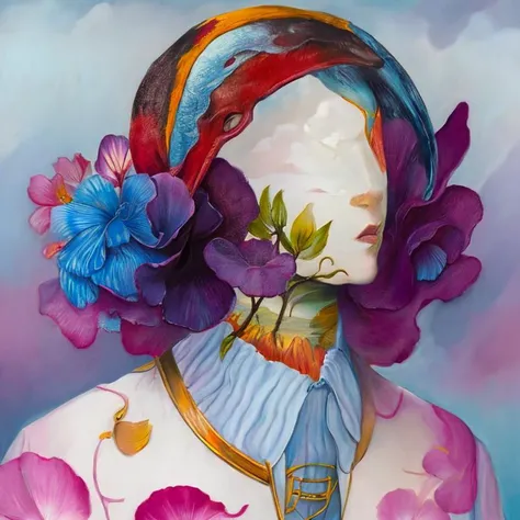 (high quality), portrait, (1female, birds, flower), surreal, (ultra details), masterpiece, artwork, <lora:phizography_v1:0.7>