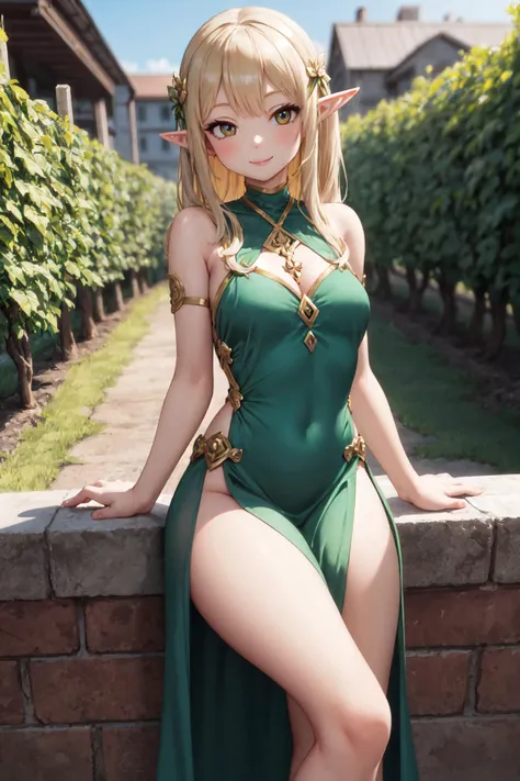 masterpiece, best quality, 1girl, courtyard, flowers, vineyard, elf, long green silk dress, thighs, smile, leaning on object,