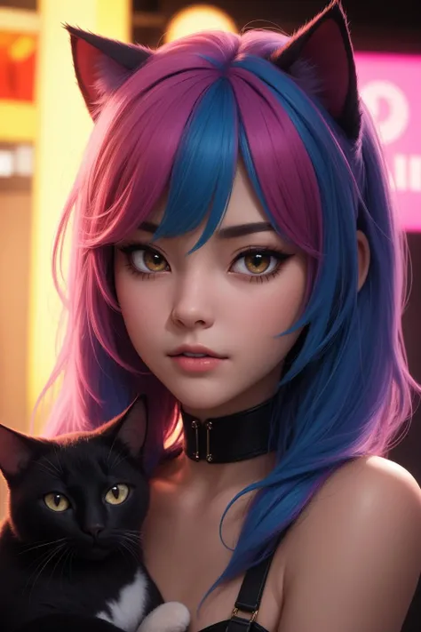 masterpiece, best quality, 8k, beautiful woman, cat ears, neon hair,