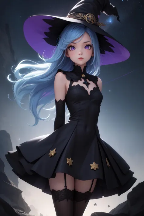 masterpiece, best quality, detailed, 1girl, night sky, stars, arms at sides, levitating, witch hat, gothic two toned dress, detailed eyes, purple eyes, multicolored hair, long light blue hair, arms behind back