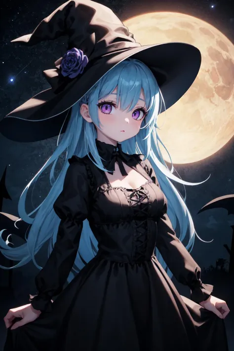 masterpiece, best quality, detailed, 1girl, night sky, stars, arms at sides, levitating, witch hat, gothic two toned dress, detailed eyes, purple eyes, multicolored hair, long light blue hair,