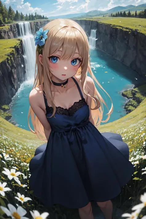 masterpiece, best quality, 1girl, from above, face focus, fisheye, blue dress, very long hair, blue eyes, meadow, waterfall, flower field, arms behind back
