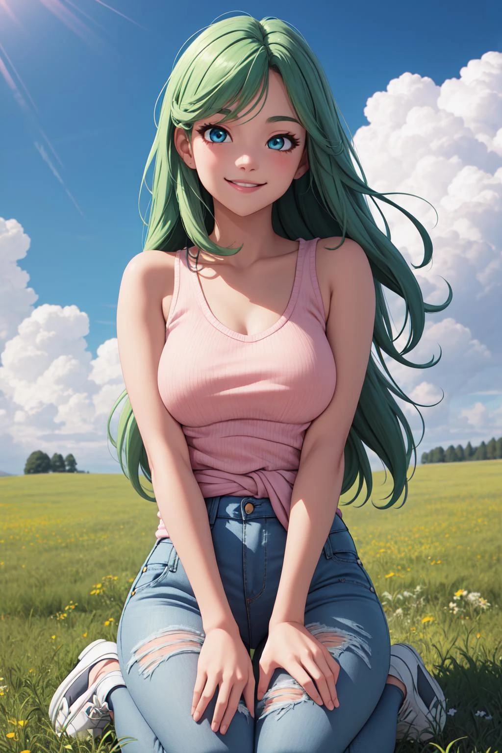 masterpiece, best quality, 1girl, long green hair, blue eyes, meadow, on knees, white tank top, jeans, pink sweater around waist, smile, breeze, clouds